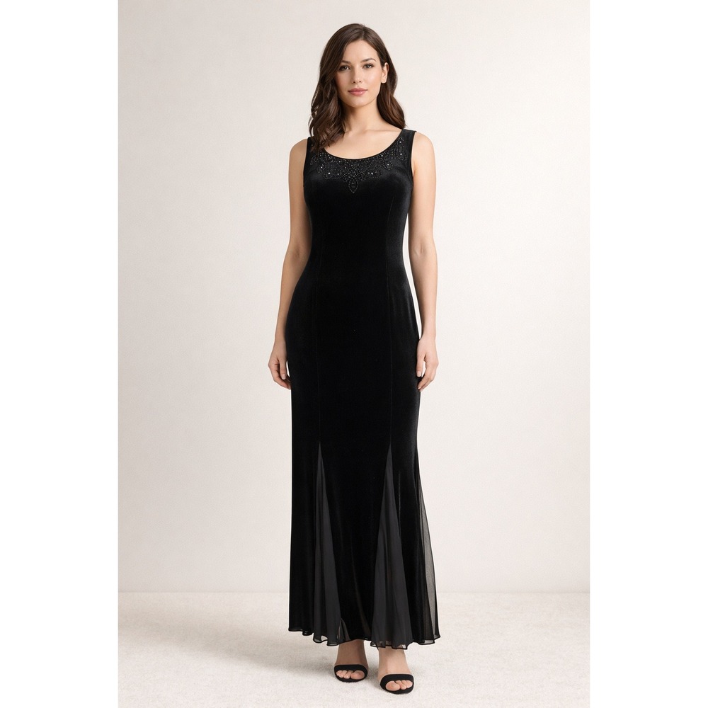 Vintage 90s‎ Black Velvet Beaded Maxi Dress 8 Evening Going Out Elegant Witchy - Picture 8 of 8